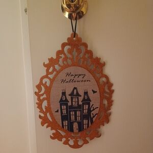 Orange glittery Haunted mansion Happy Halloween hanging sign decor